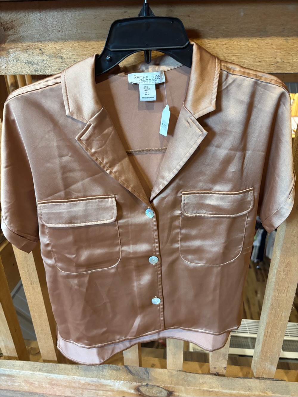Rachel Zoe Satin Short Sleeve Button-Down in Copper Tone
